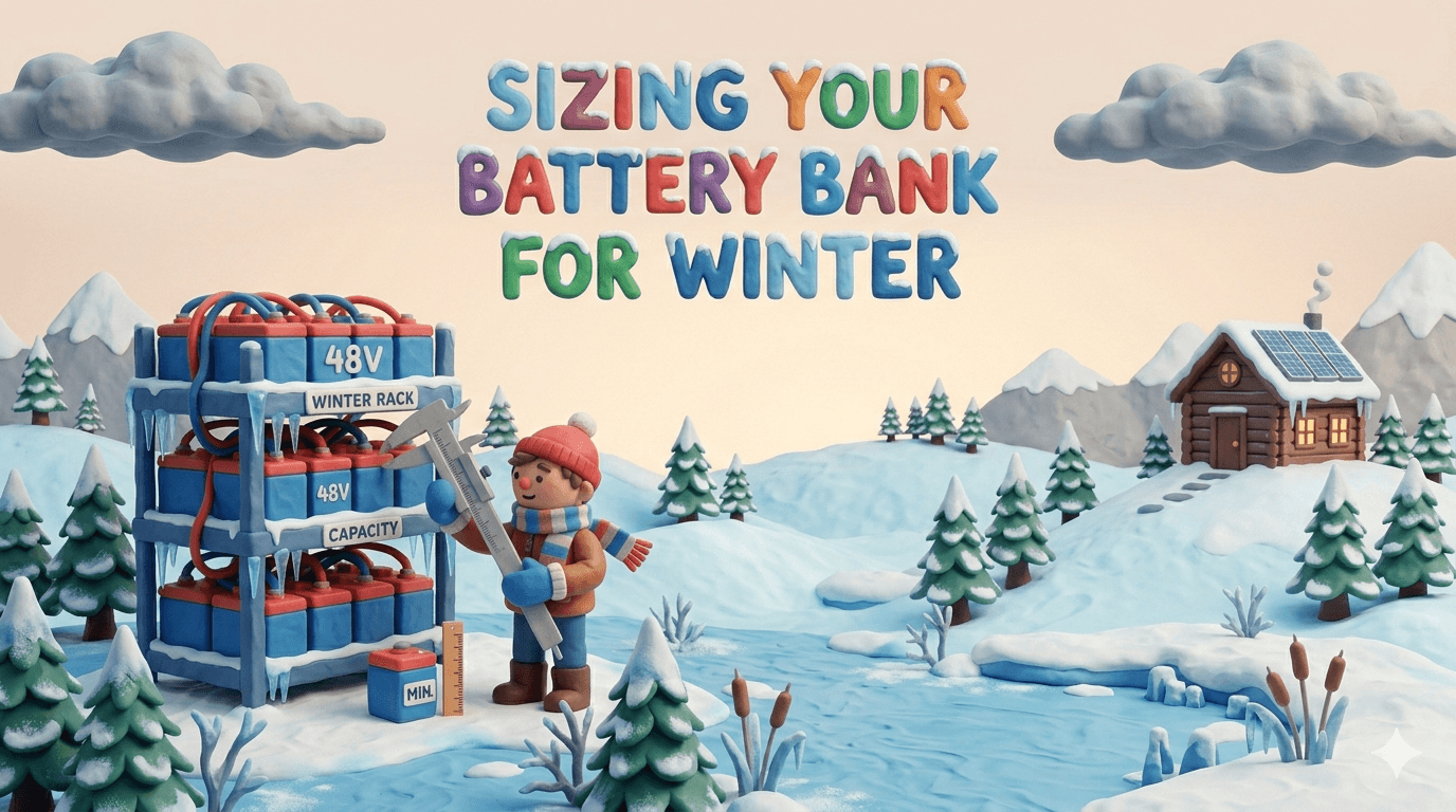 Off grid battery bank for winter power storage with stacked lithium iron phosphate batteries in an insulated enclosure, a charge controller, a battery monitor, and 48 volt cabling sized to carry a homestead through short solar days
