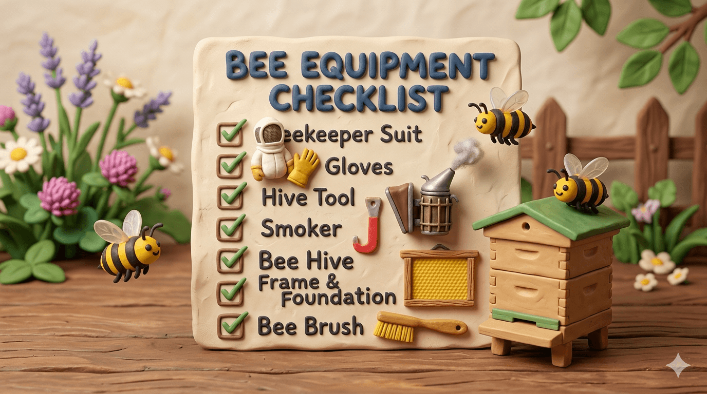 Complete beekeeping equipment checklist for homesteaders laid out on a wooden workbench showing a Langstroth hive body with frames and foundation, white ventilated bee suit with veil, leather gloves, stainless steel smoker with pine needle fuel, J hook hive tool, frame grip, bee brush, entrance feeder, and a hardcover beekeeping notebook