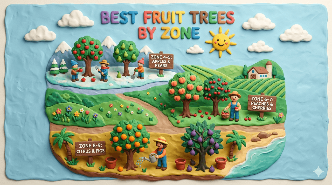 Best fruit trees by USDA hardiness zone illustration showing a backyard orchard with cold hardy apple and plum trees, temperate pear and cherry trees, warm climate peach and fig trees, and citrus in containers, each labeled by USDA zone from 3 to 10 with a homesteader harvesting ripe fruit