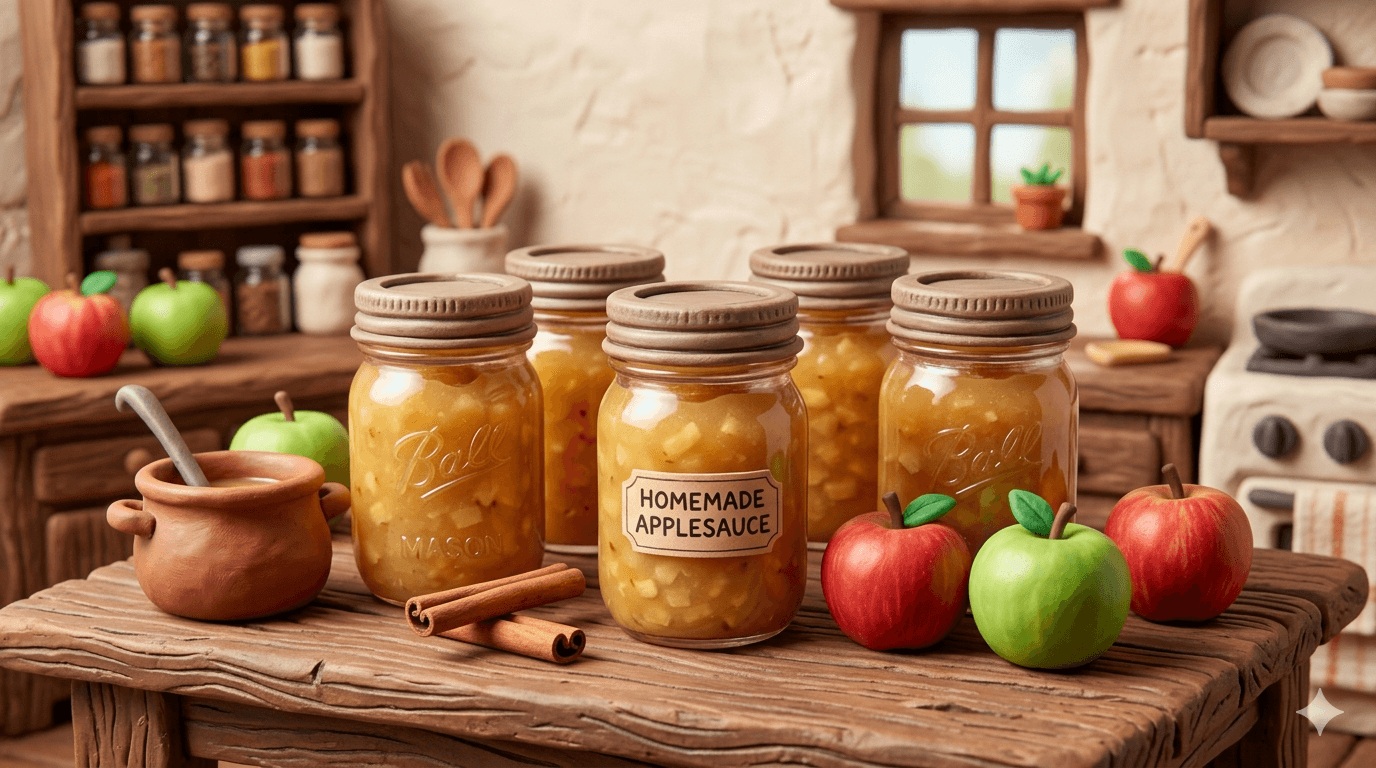Homemade canned applesauce recipe in glass mason jars showing golden cinnamon applesauce and pale unsweetened applesauce cooling on a homestead kitchen counter after water bath canning