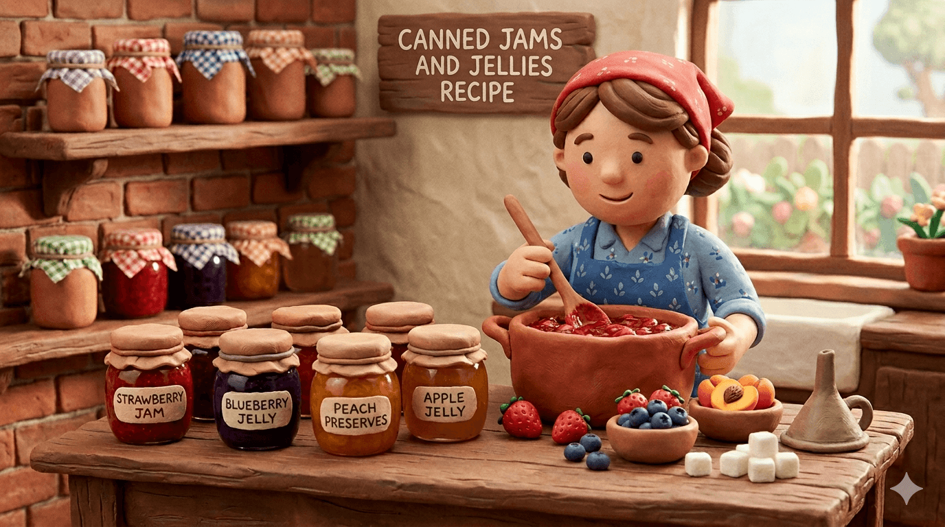 Homemade canned jams and jellies recipe in glass mason jars including ruby strawberry jam, deep purple grape jelly, blueberry preserves, and golden peach jam cooling on a homestead kitchen counter after water bath canning