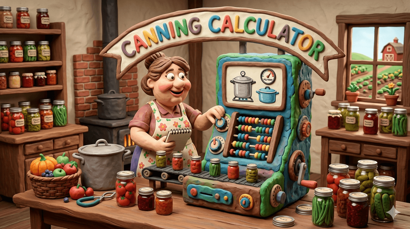 Canning calculator showing plant counts for tomatoes, green beans, and cucumbers based on a family's yearly canning goals and meals per week