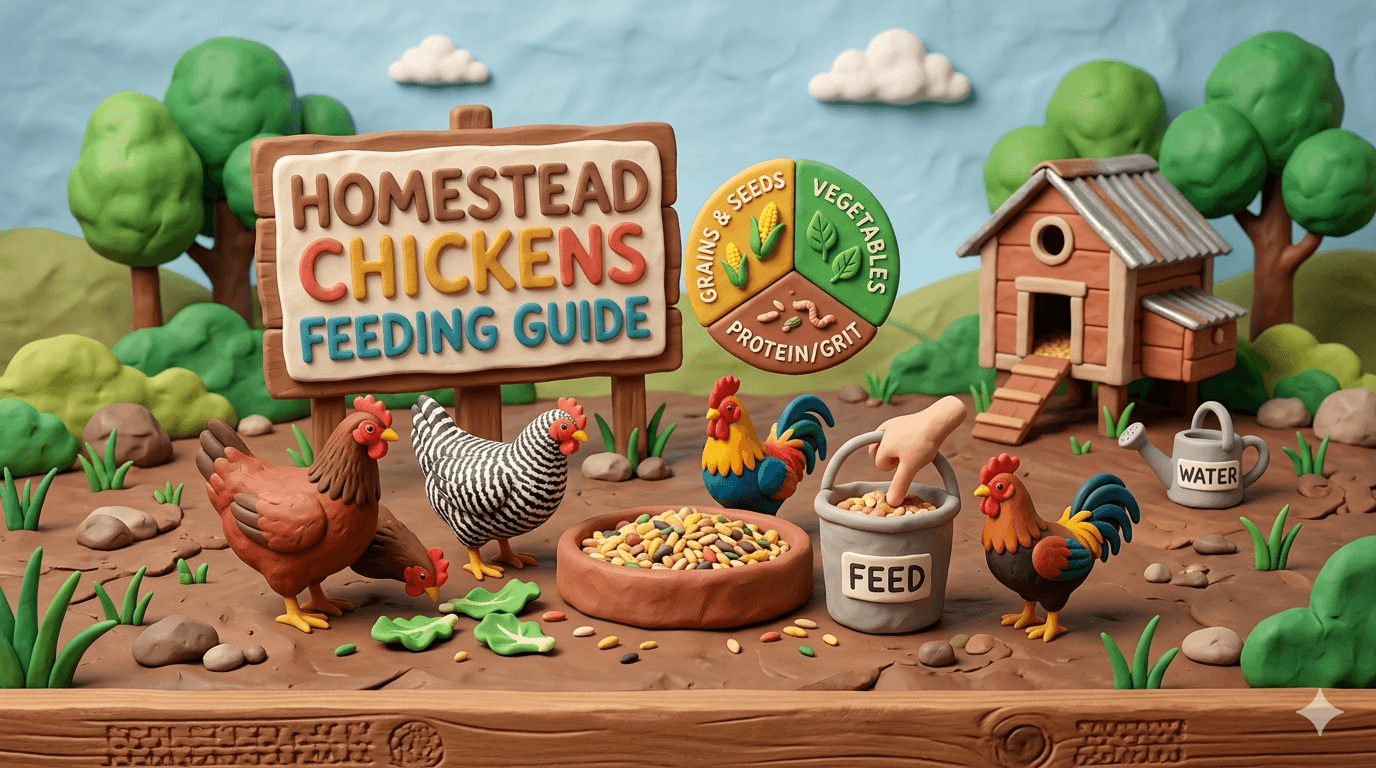 Homestead chickens gathered around a metal feeder eating layer pellets in a fenced grass run