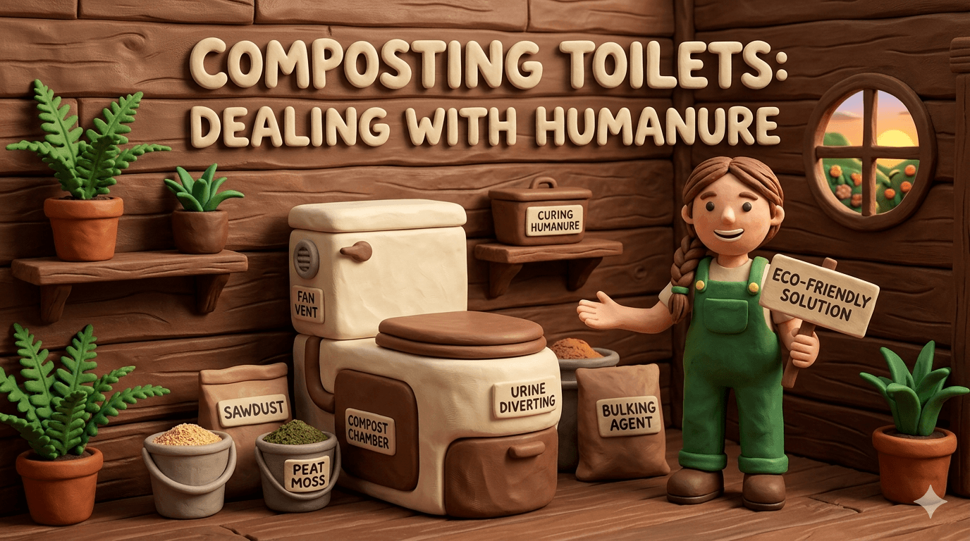 Modern off grid composting toilet system in a cabin bathroom with a urine diverting bowl, sealed composting chamber, ventilation fan, and a separate humanure finishing bin next to bags of carbon cover material like sawdust and peat moss