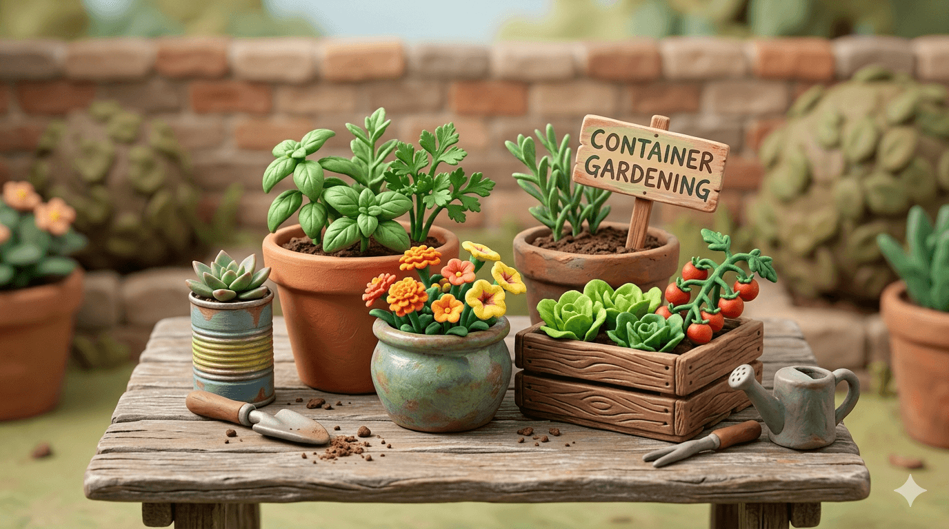 Homestead container gardening setup on a sunny patio with terracotta and fabric grow pots holding tomatoes, peppers, lettuce, basil, strawberries, and herbs alongside a watering can and trowel for small space vegetable growing