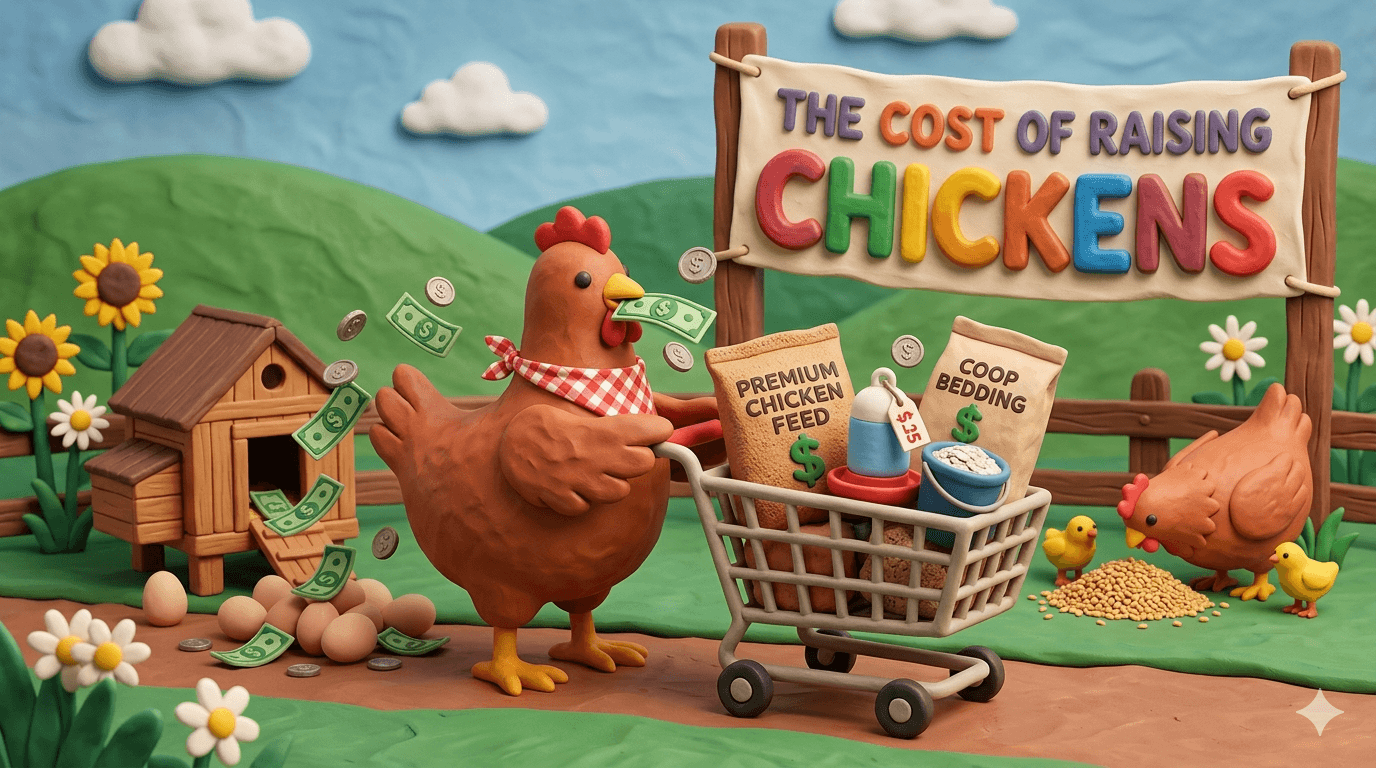Backyard homestead chickens foraging near a wooden coop with a feed scoop and pile of layer pellets in the foreground showing the real cost of raising chickens