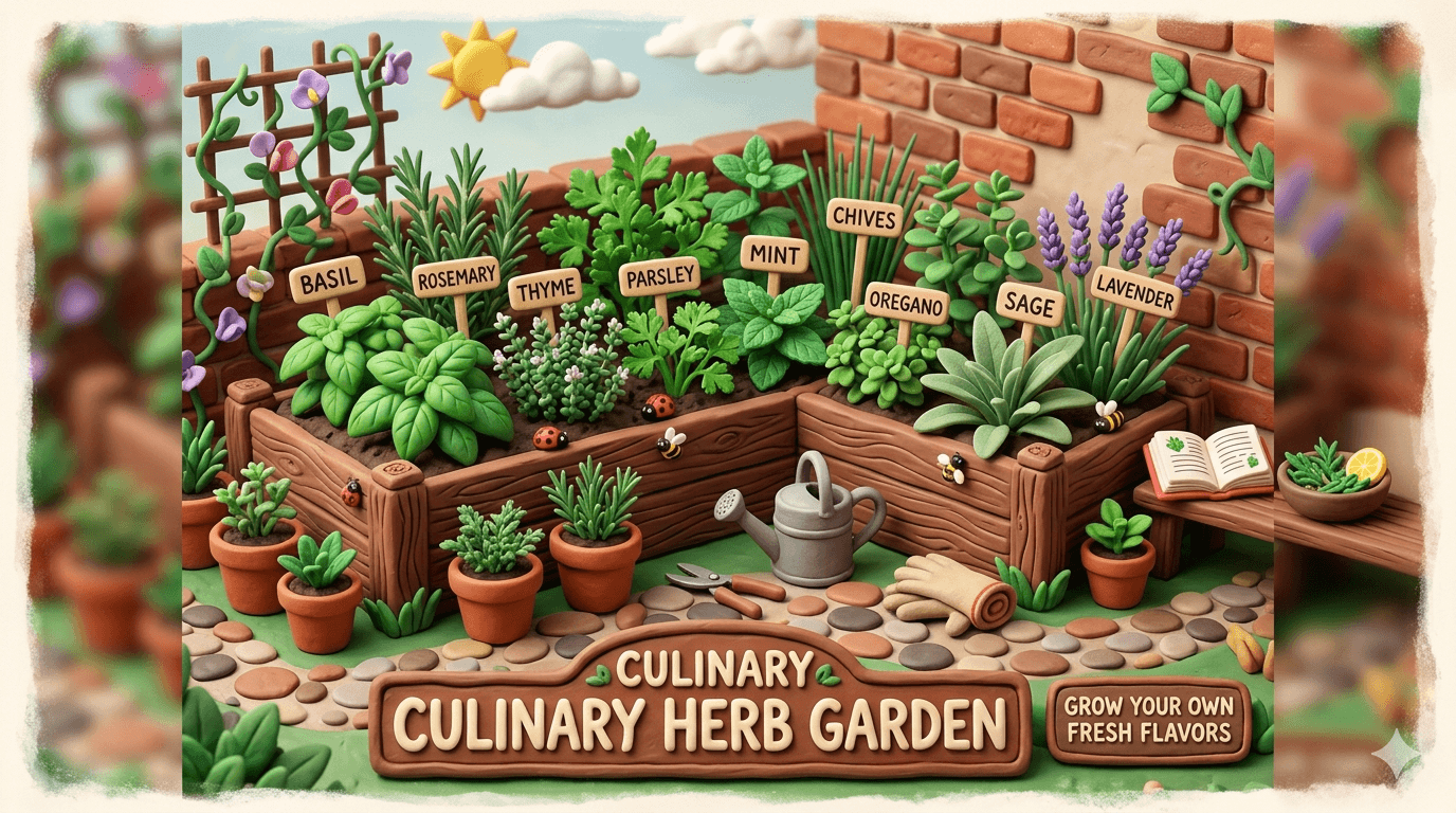 Backyard homestead culinary herb garden with raised wooden beds and terracotta pots filled with basil, rosemary, thyme, oregano, sage, parsley, chives, and mint growing beside a sunny kitchen door with a wicker harvest basket and garden trowel