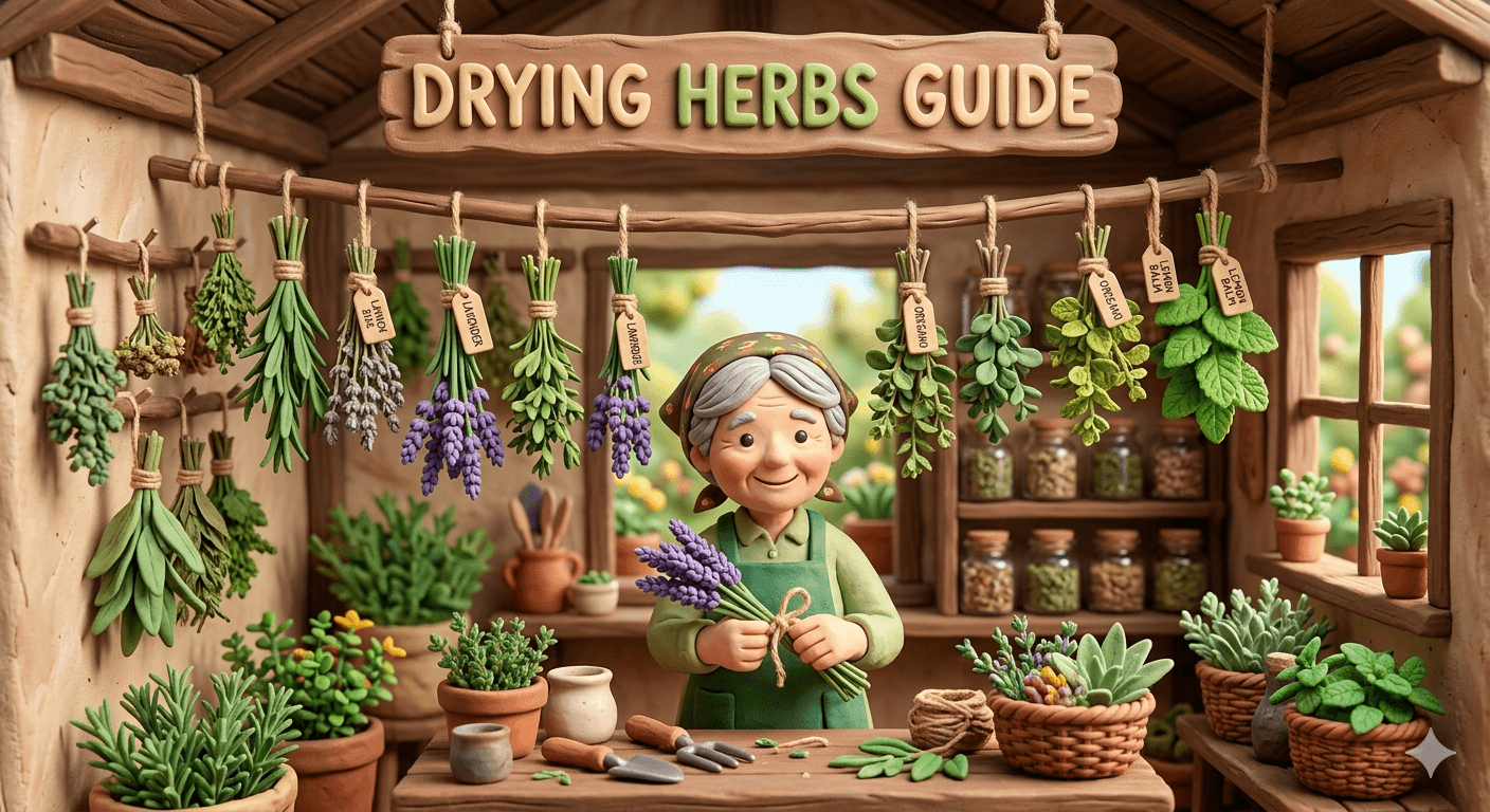 Homestead drying herbs setup with bundles of fresh basil, oregano, thyme, sage, rosemary, and mint hanging upside down from a wooden beam beside a mesh drying screen of chamomile flowers and labeled glass jars of finished dried herbs on a sunny kitchen counter