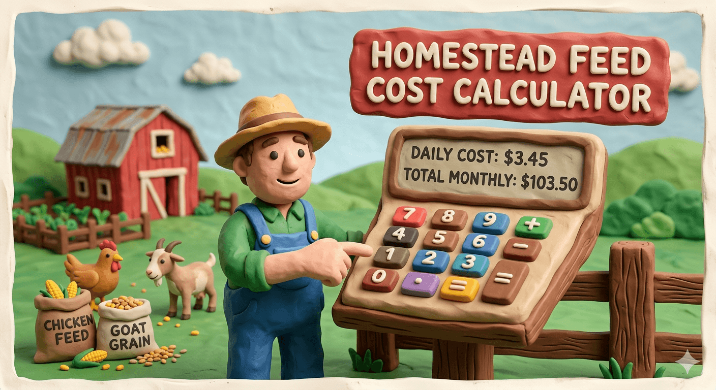 Homestead feed cost calculator showing monthly and annual livestock feed expenses for chickens, goats, and other animals with bags per month and cost per bag inputs