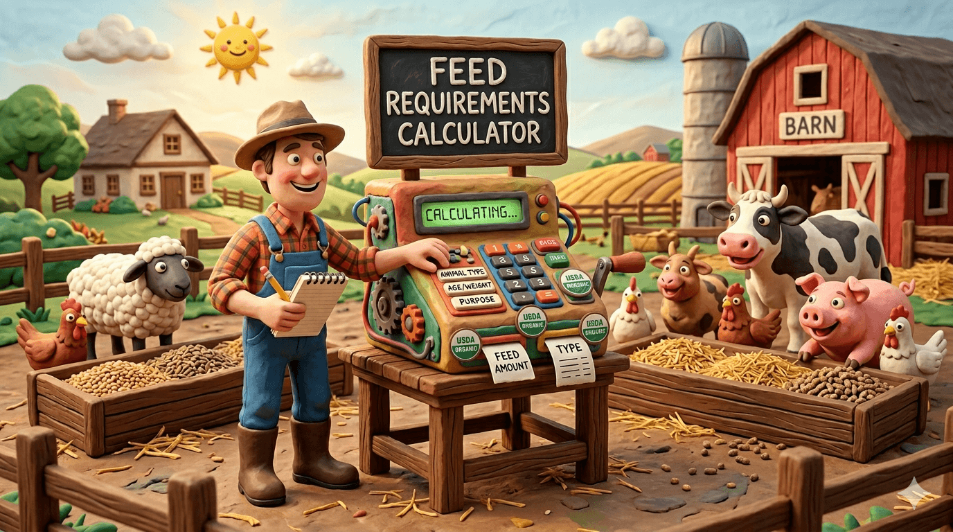 Homestead feed requirements calculator showing daily, weekly, monthly, and yearly pounds of feed needed for laying hens, meat birds, ducks, goats, pigs, rabbits, beef cattle, and dairy cattle