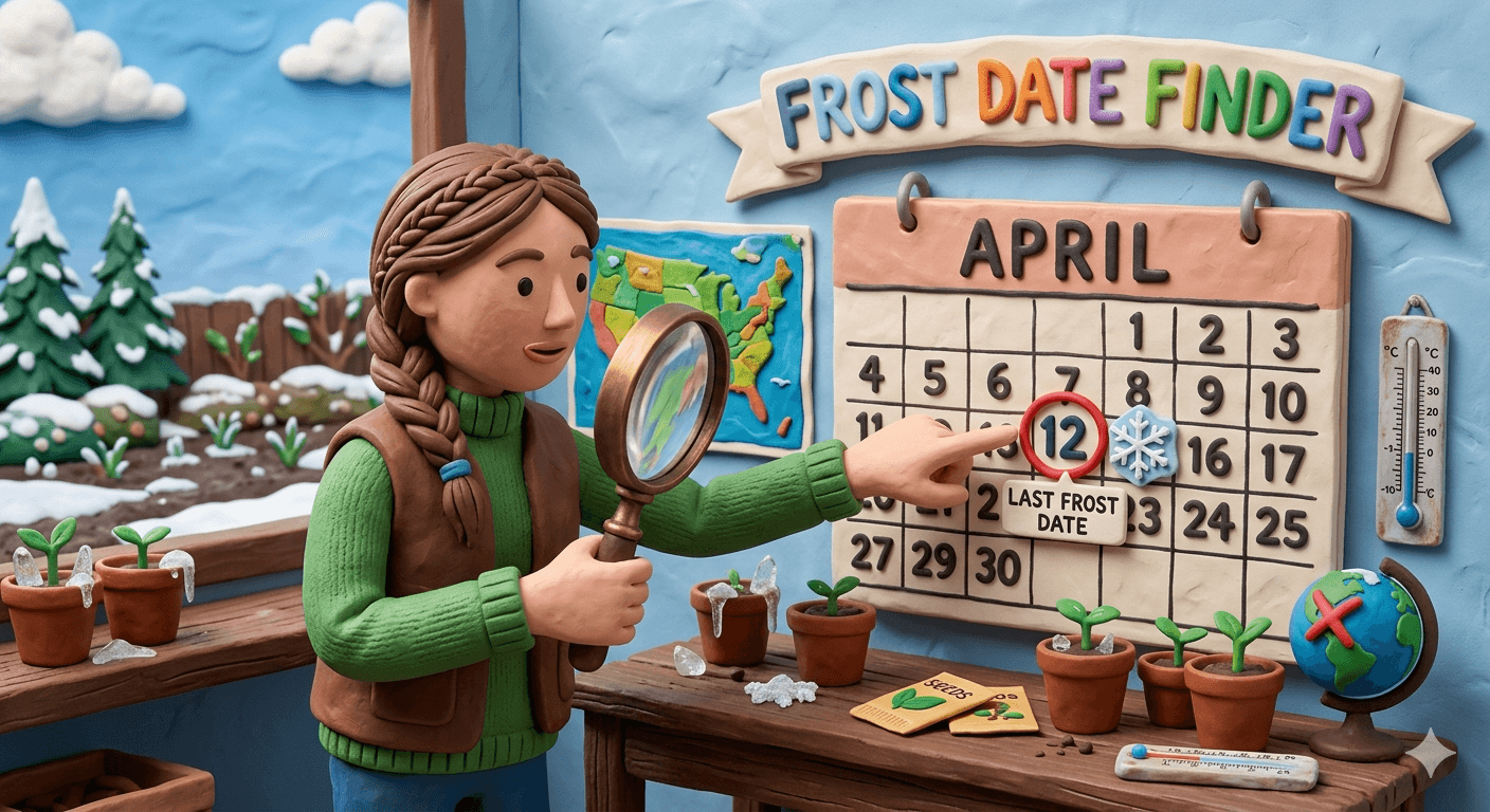 Frost date finder tool showing average last spring frost and first fall frost dates by zip code and USDA hardiness zone for homestead garden, livestock, and infrastructure planning