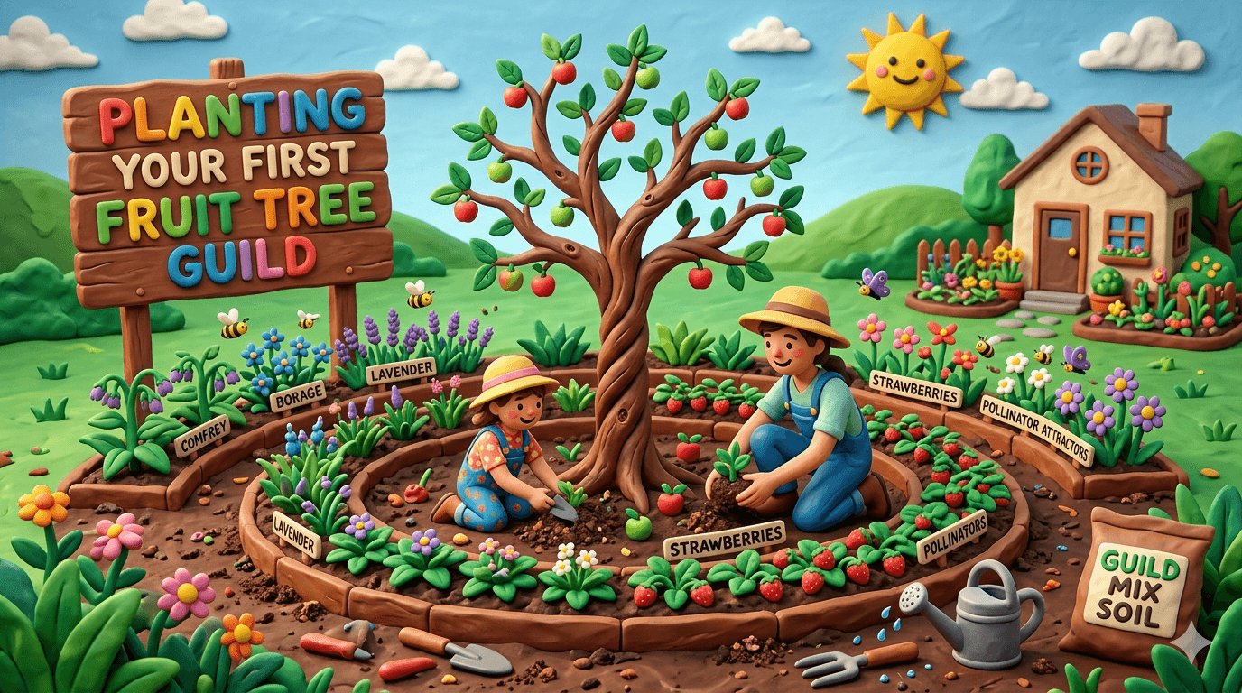 Fruit tree guild diagram showing a central apple tree surrounded by companion plants including comfrey, clover, dill, and wildflowers in a permaculture garden design