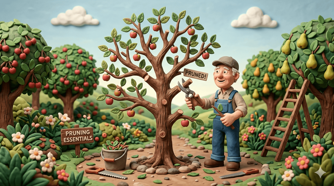 Fruit tree pruning guide illustration showing a homesteader using bypass pruners and a pruning saw on a backyard apple tree in late winter, with labeled scaffold branches, central leader, water sprouts, suckers, and crossing limbs being trimmed to an open vase shape for better airflow, sunlight, and fruit production