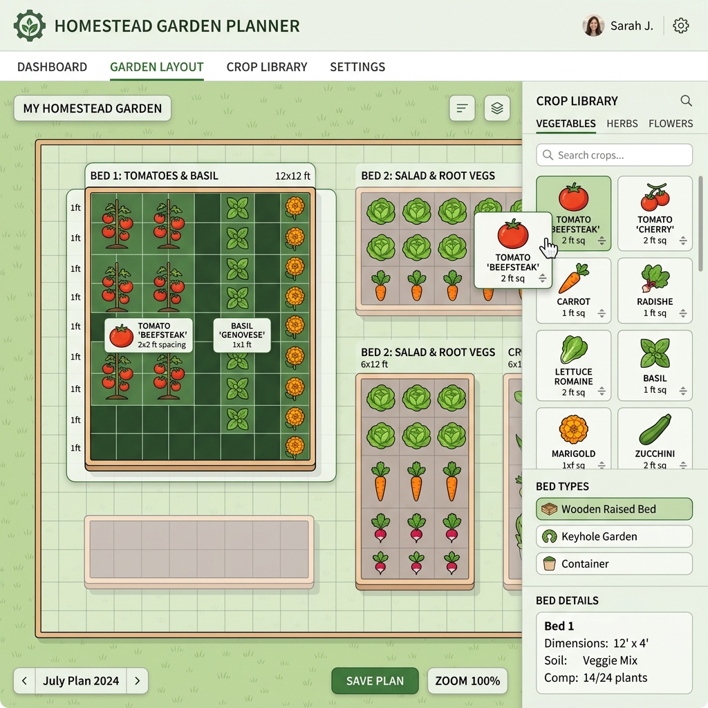 Homestead garden bed planner tool interface showing layout of raised beds and crop spacing