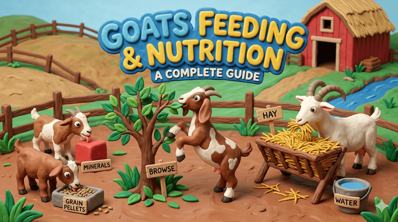 Homestead dairy goats eating quality grass hay from a wooden hay feeder with a free choice goat mineral and clean water nearby on a small farm, showing a balanced goat feeding and nutrition setup for healthy dairy and meat goats