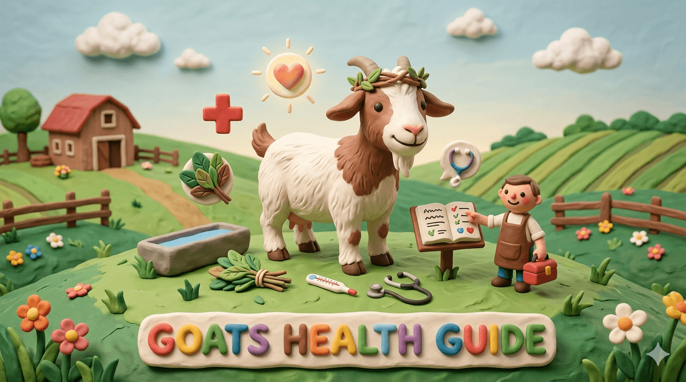 Homesteader gently checking a brown and white dairy goat's lower eyelid for FAMACHA score and signs of common goat health issues like parasites, coccidia, and anemia on a small farm