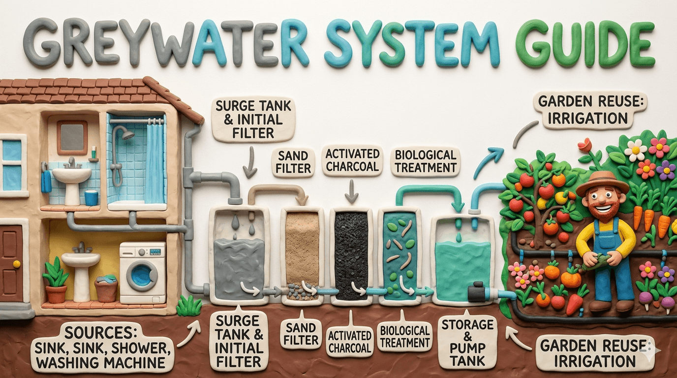 Homestead greywater system reusing laundry, shower, and bathroom sink water through a three way diverter valve, a surge tank, and gravity fed branched drain piping that releases filtered greywater into mulch basins around fruit trees and a garden bed for off grid landscape irrigation
