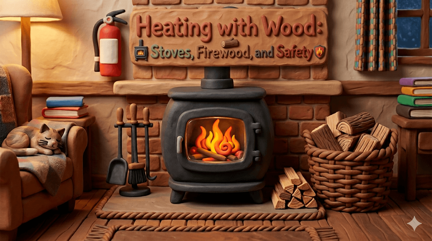 Cast iron wood burning stove heating an off grid cabin with a stacked cord of seasoned firewood, insulated stove pipe, and a hearth pad showing safe clearances for wood heat