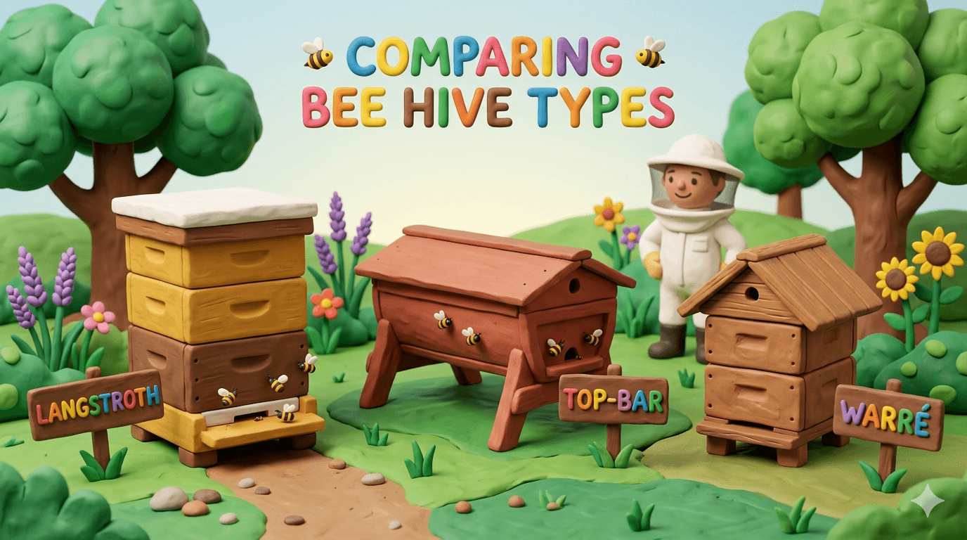 Side by side comparison of the four main bee hive types for homestead beekeeping showing a Langstroth stacked box hive, a horizontal top bar hive, a tall narrow Warre hive, and a Flow Hive with honey drain frames