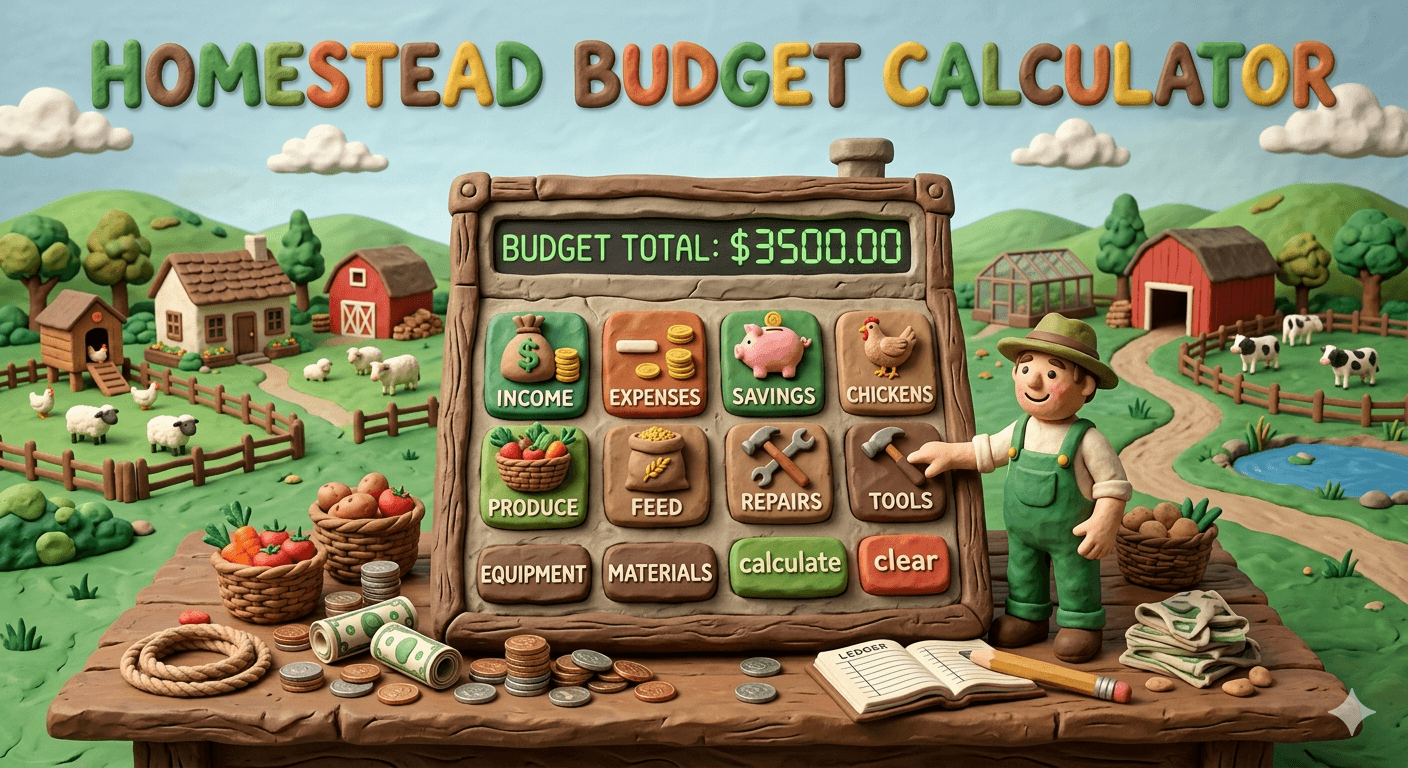 Homestead budget calculator showing startup and annual cost estimates for land, infrastructure, garden, livestock, and equipment categories