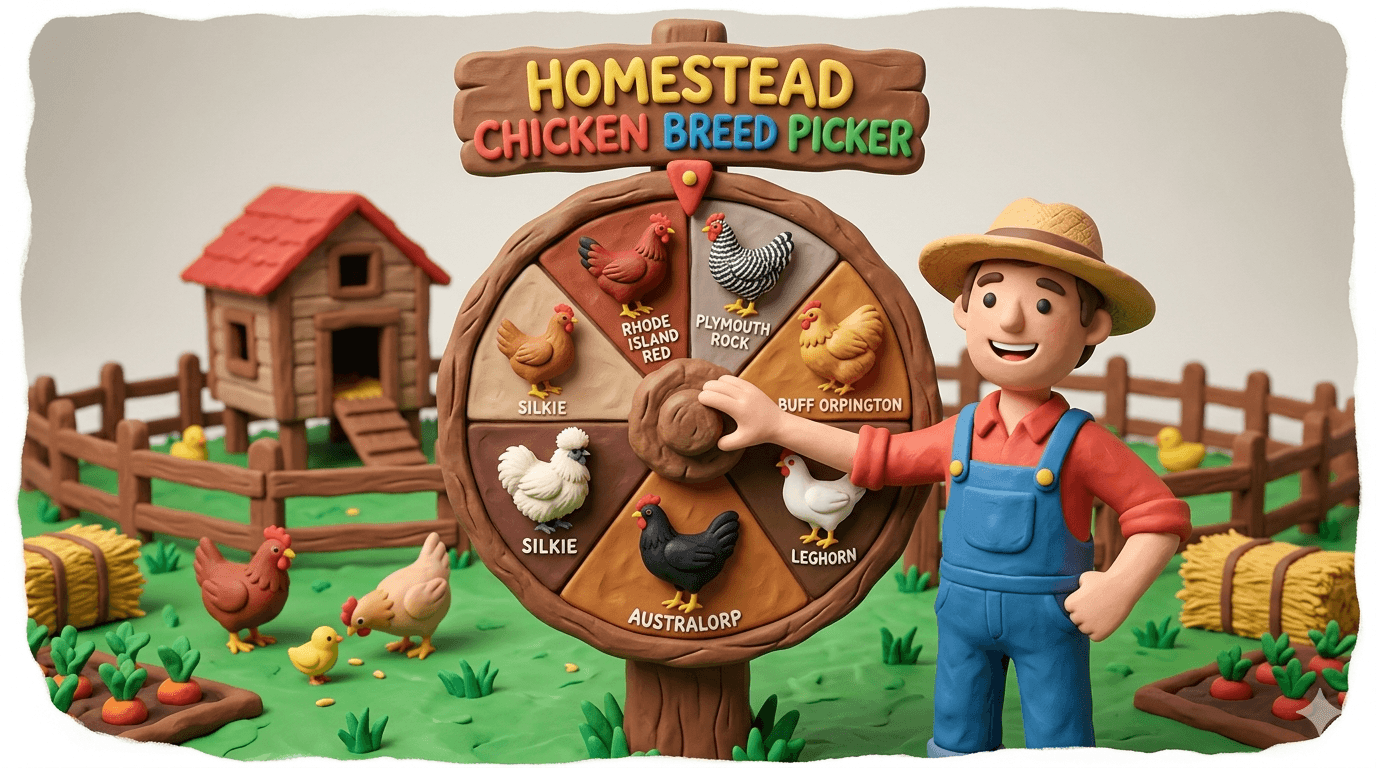 Homestead chicken breed picker tool showing how to compare chicken breeds by egg color, climate hardiness, temperament, and purpose for a backyard flock