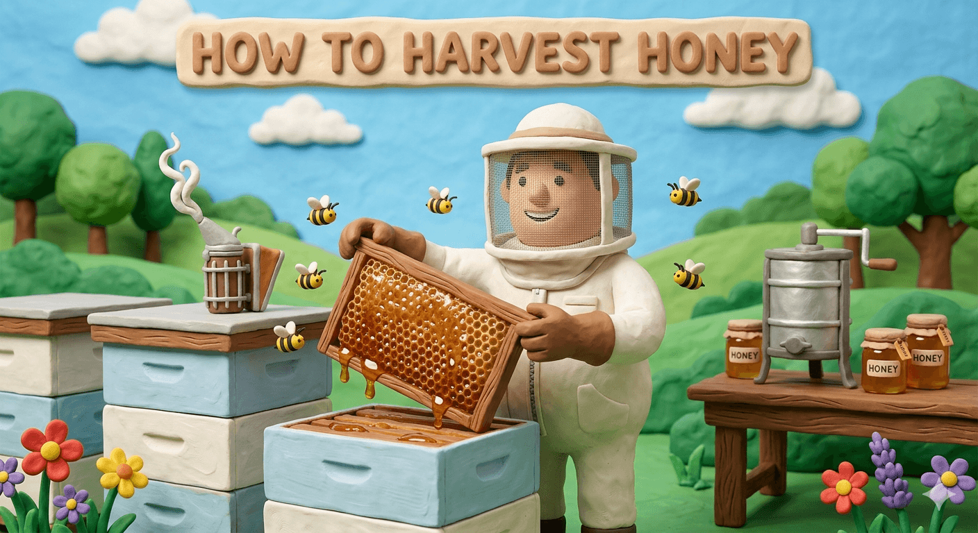 How to harvest honey on a homestead apiary showing a beekeeper in a white suit pulling a capped honey super frame from a Langstroth hive, uncapping wax with a hot knife, spinning frames in a stainless extractor, and bottling raw golden honey into mason jars