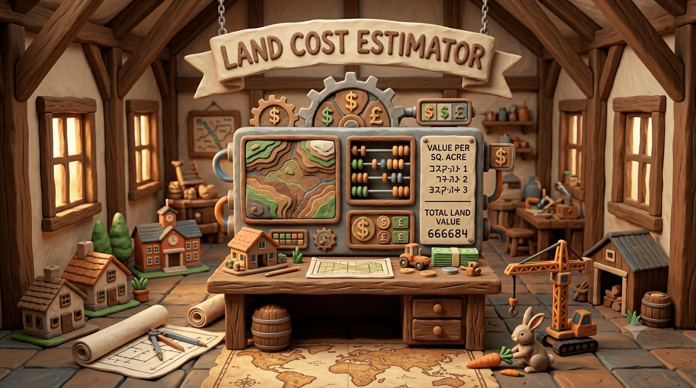 Homestead land cost estimator showing average land price per acre by state, plus property tax rates, hidden costs like well and septic, and acreage recommendations for evaluating regional land prices when planning a homestead