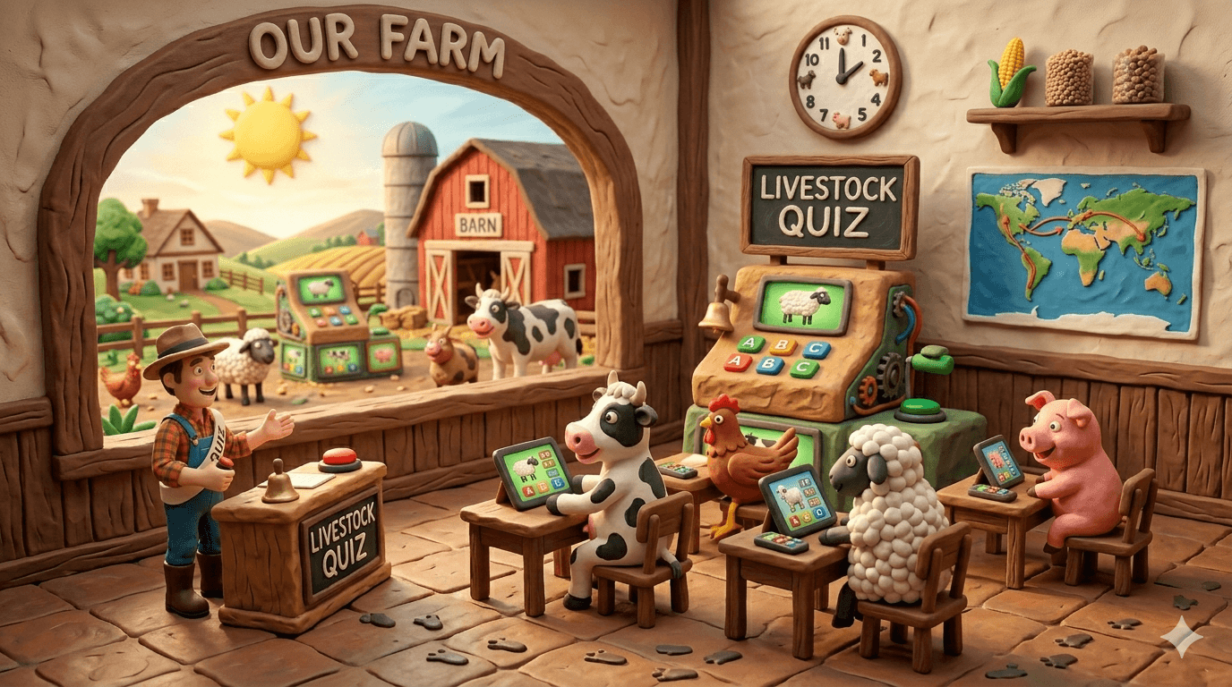 Homestead livestock quiz tool showing chickens, quail, rabbits, ducks, goats, sheep, pigs, and cattle matched to land size, daily time, budget, and homesteading goals