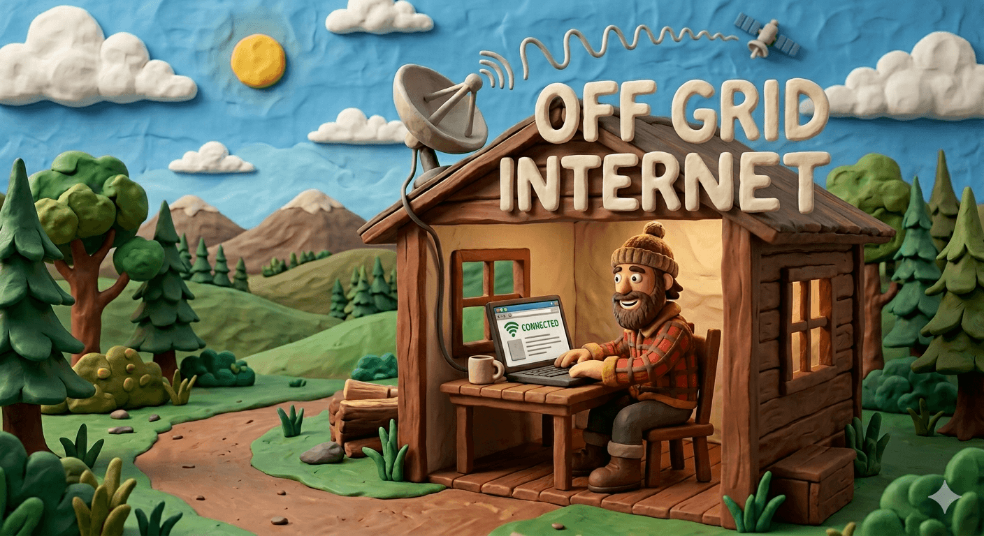 Off grid internet setup on a rural homestead with a Starlink satellite dish mounted on a metal roof, a cellular LTE modem with an external antenna inside a cabin, a fixed wireless point to point receiver on a pole, a small UPS battery backup, and a mesh WiFi router providing reliable rural broadband for remote work and homeschooling