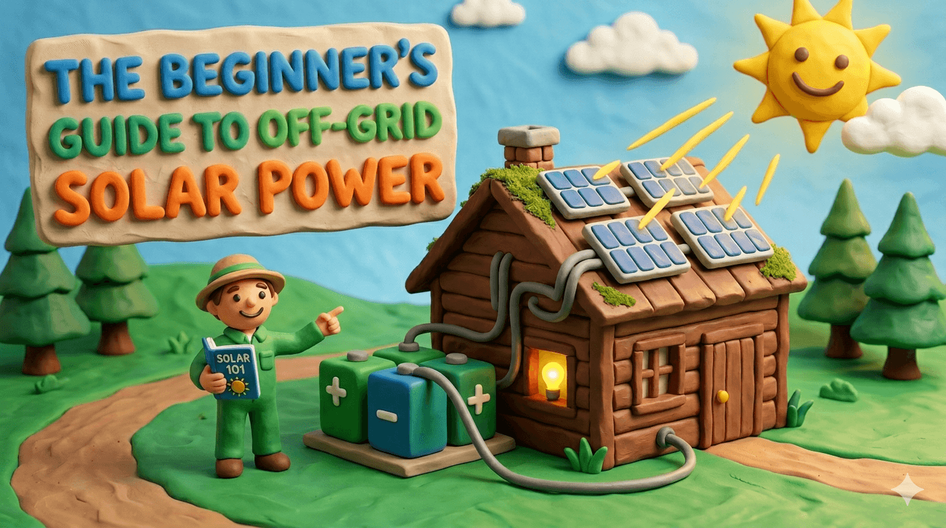 Off grid solar power system on a homestead with rooftop solar panels, a lithium battery bank, a charge controller, and an inverter wired to power a self sufficient cabin