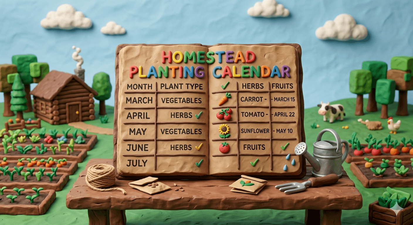 Homestead planting calendar showing month by month seed starting, transplant, and harvest windows for vegetables, herbs, and fruits across USDA hardiness zones