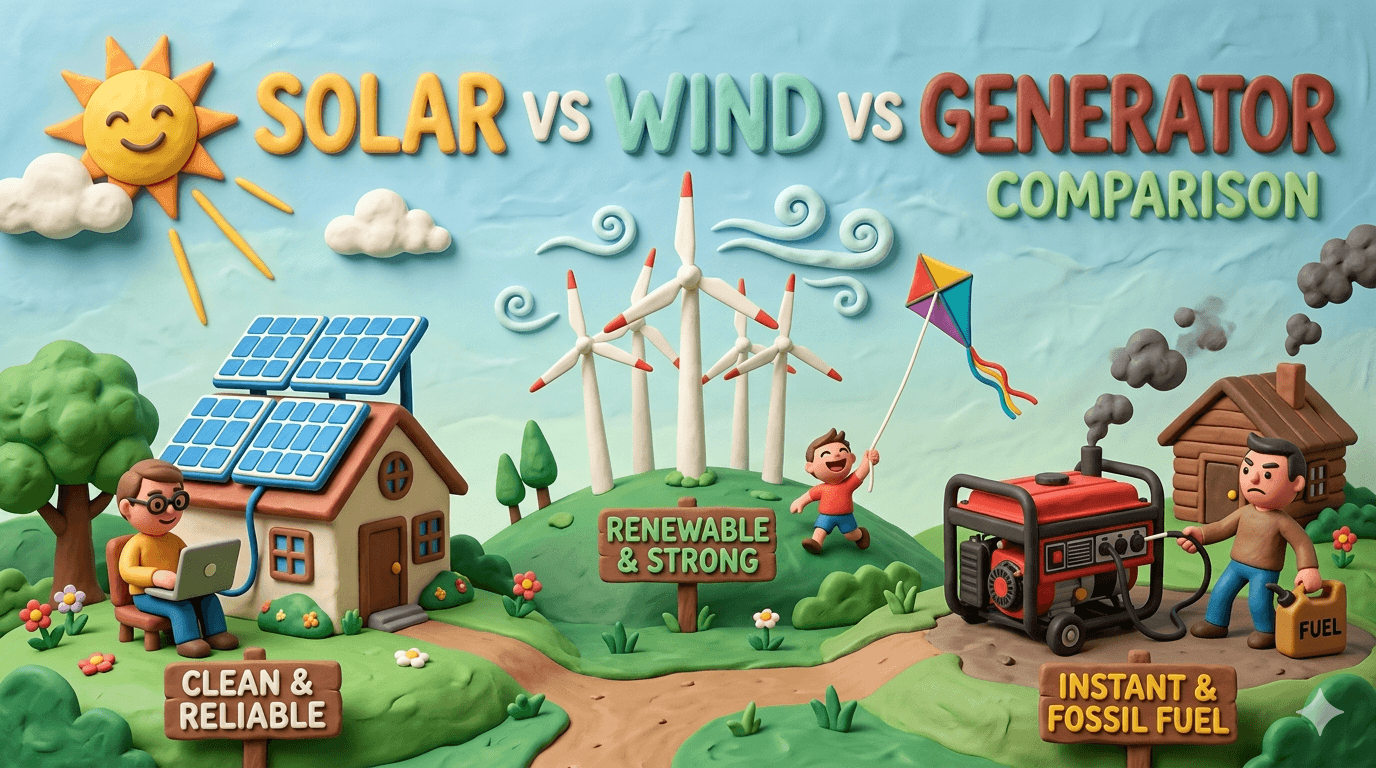 Off grid power comparison for homesteads showing rooftop solar panels on a cabin labeled clean and reliable, three white wind turbines labeled renewable and strong, and a red portable gas generator with a fuel can labeled instant and fossil fuel, illustrating solar vs wind vs generator power options for self sufficient living
