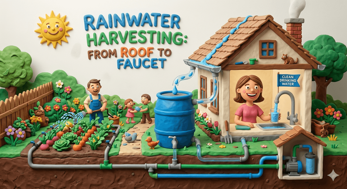 Homestead rainwater harvesting system catching rain from a metal roof into gutters, downspouts, a first flush diverter, and large storage tanks for off grid water supply