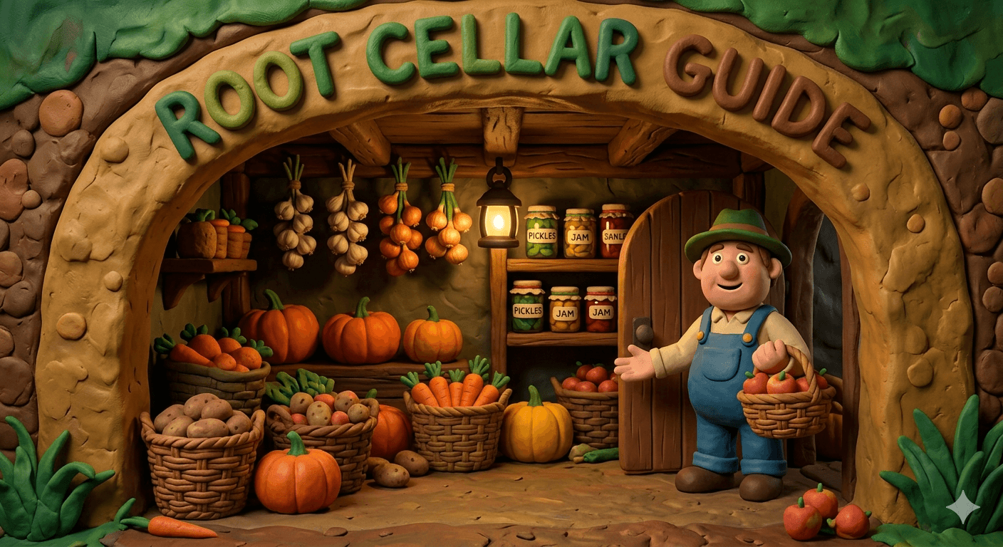 Stocked homestead root cellar with wooden shelves of winter squash, bins of carrots, potatoes, and onions, and rows of home canned jars stored for long term cold storage