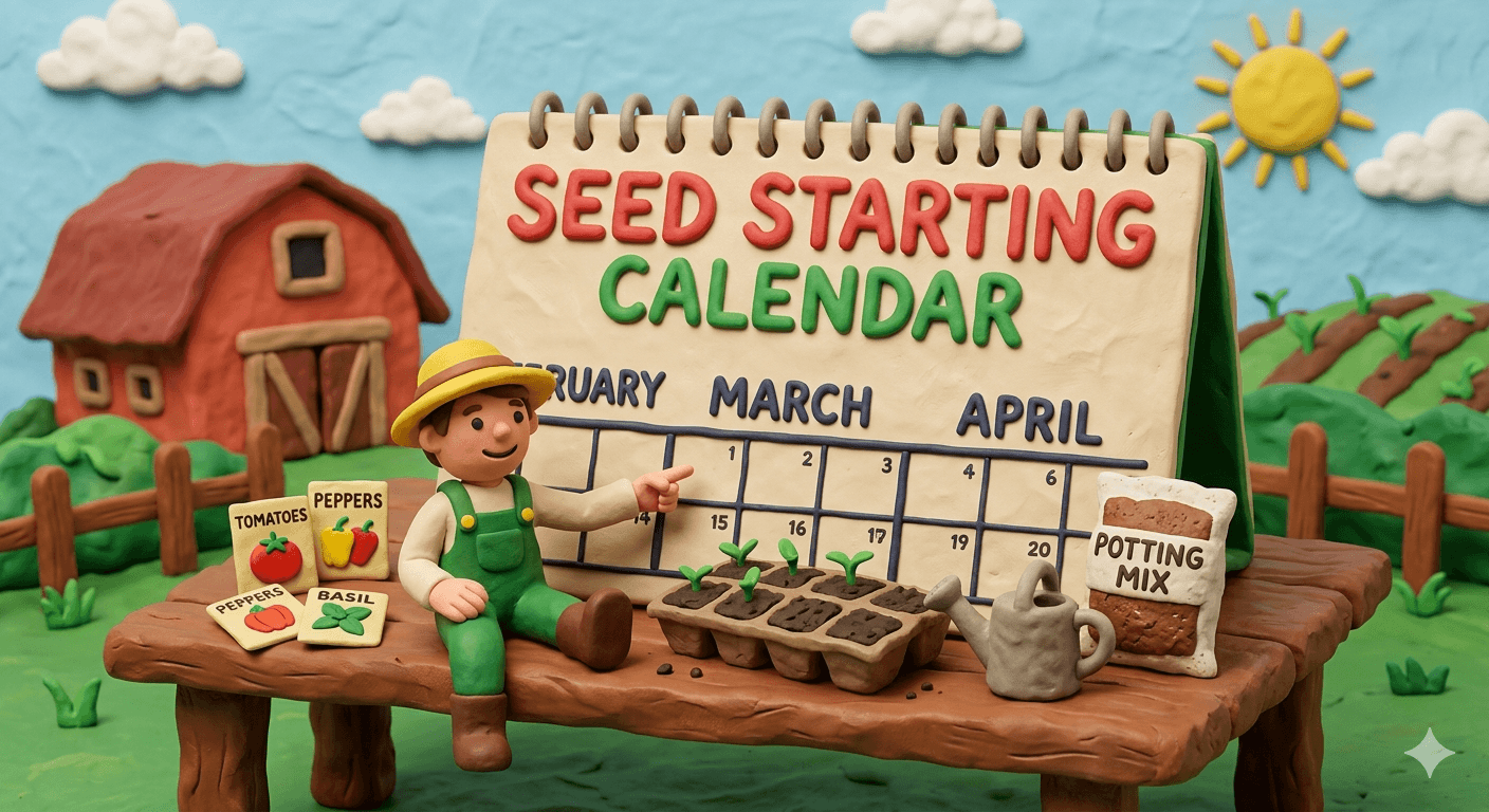 Indoor seed starting calendar showing when to start tomatoes, peppers, broccoli, and lettuce seeds indoors counted back from your last frost date by USDA hardiness zone