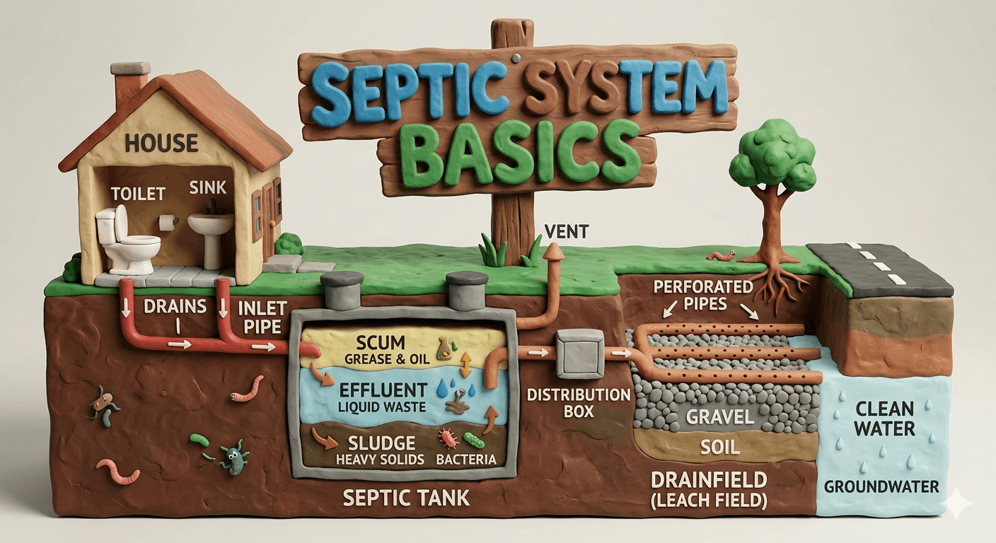 Homestead septic system showing a buried two compartment concrete septic tank receiving wastewater from a rural farmhouse, an outlet baffle, a distribution box, and perforated leach field pipes spreading effluent through a gravel trench for safe off grid waste treatment