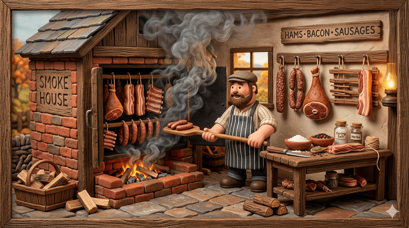 Homestead smokehouse with hanging cuts of cured meat, hams, sausage links, and pork bellies being cold smoked over hardwood for long term home meat preservation