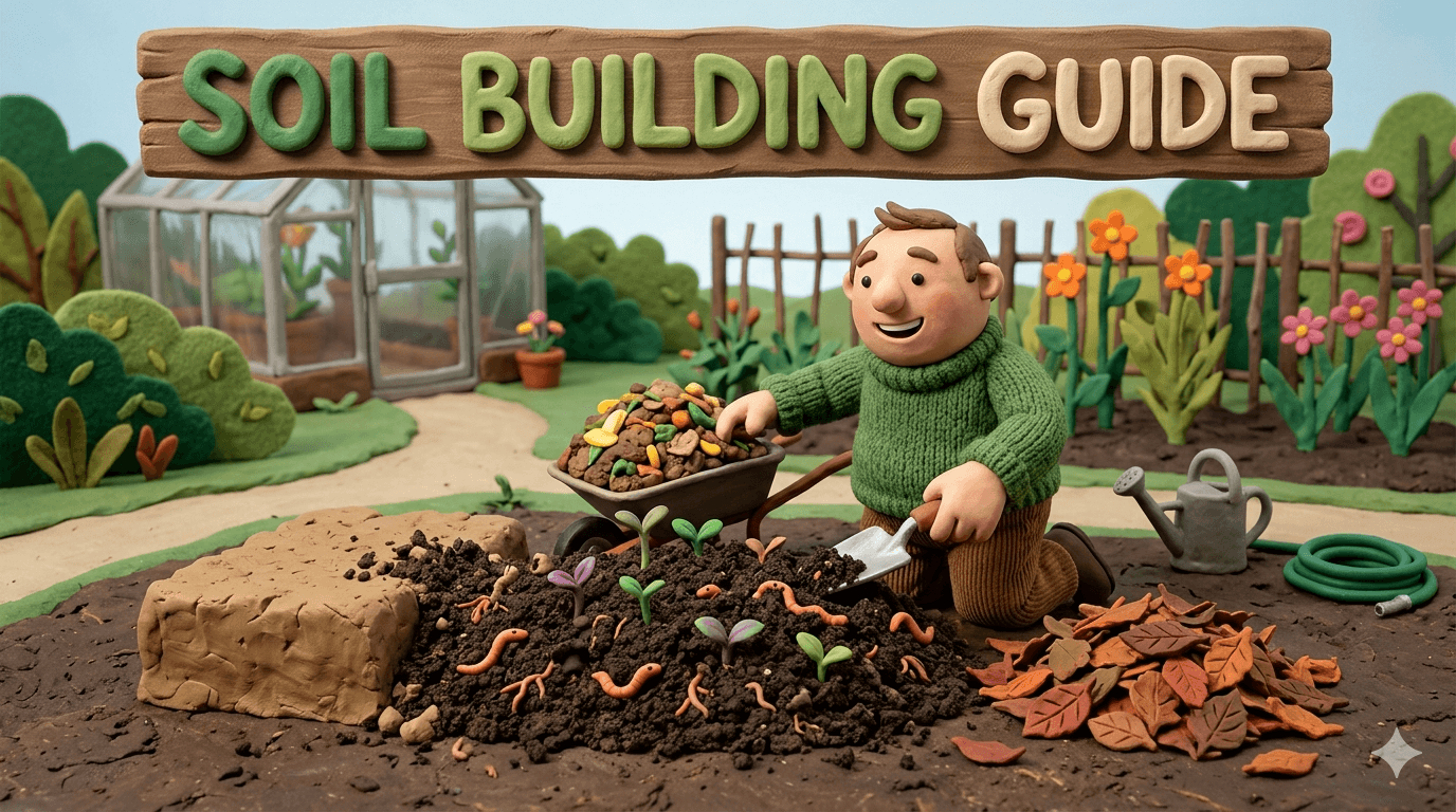 Homesteader kneeling beside a wheelbarrow of finished compost building rich dark garden soil with earthworms, sprouting seedlings, and a layer of shredded leaf mulch in a backyard vegetable garden
