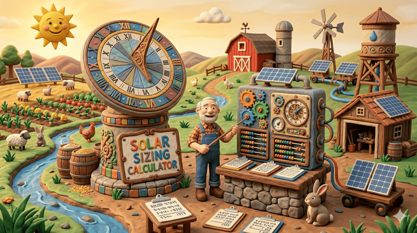 Solar sizing calculator showing recommended solar array size in kilowatts and battery bank capacity in kilowatt hours based on monthly electricity usage, peak sun hours, and days of autonomy for off grid and grid tied homestead solar systems