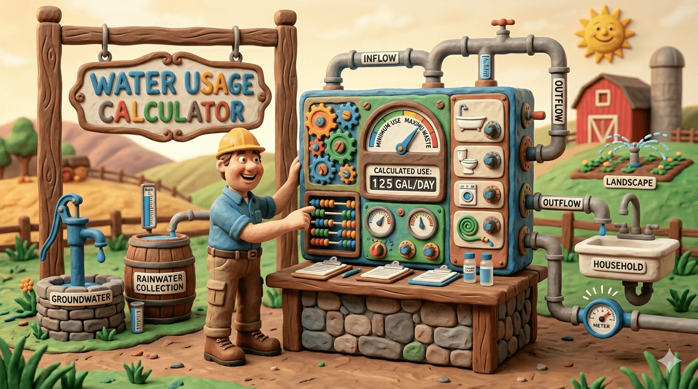 Homestead water usage calculator showing daily, weekly, and yearly gallons needed for household indoor use, garden irrigation, and livestock drinking water with a percentage breakdown by category