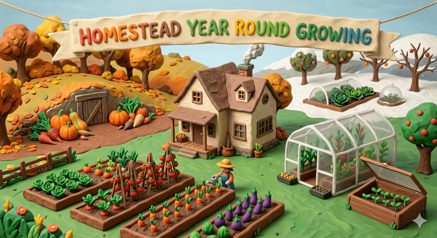 Homestead year round growing illustration showing a backyard garden with a low tunnel of leafy winter greens, a cold frame of carrots and spinach, a polycarbonate greenhouse with tomatoes and peppers, and a gardener harvesting kale in light snow for four season food production
